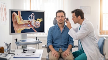 Un médico con otoscopio examina el oído de un paciente sentado. Un monitor exhibe una anatomía 3D del oído interno con otolitos.