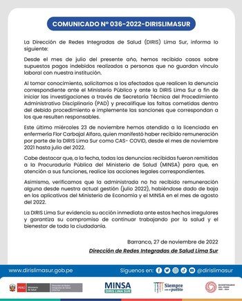 Comunicado del Minsa.