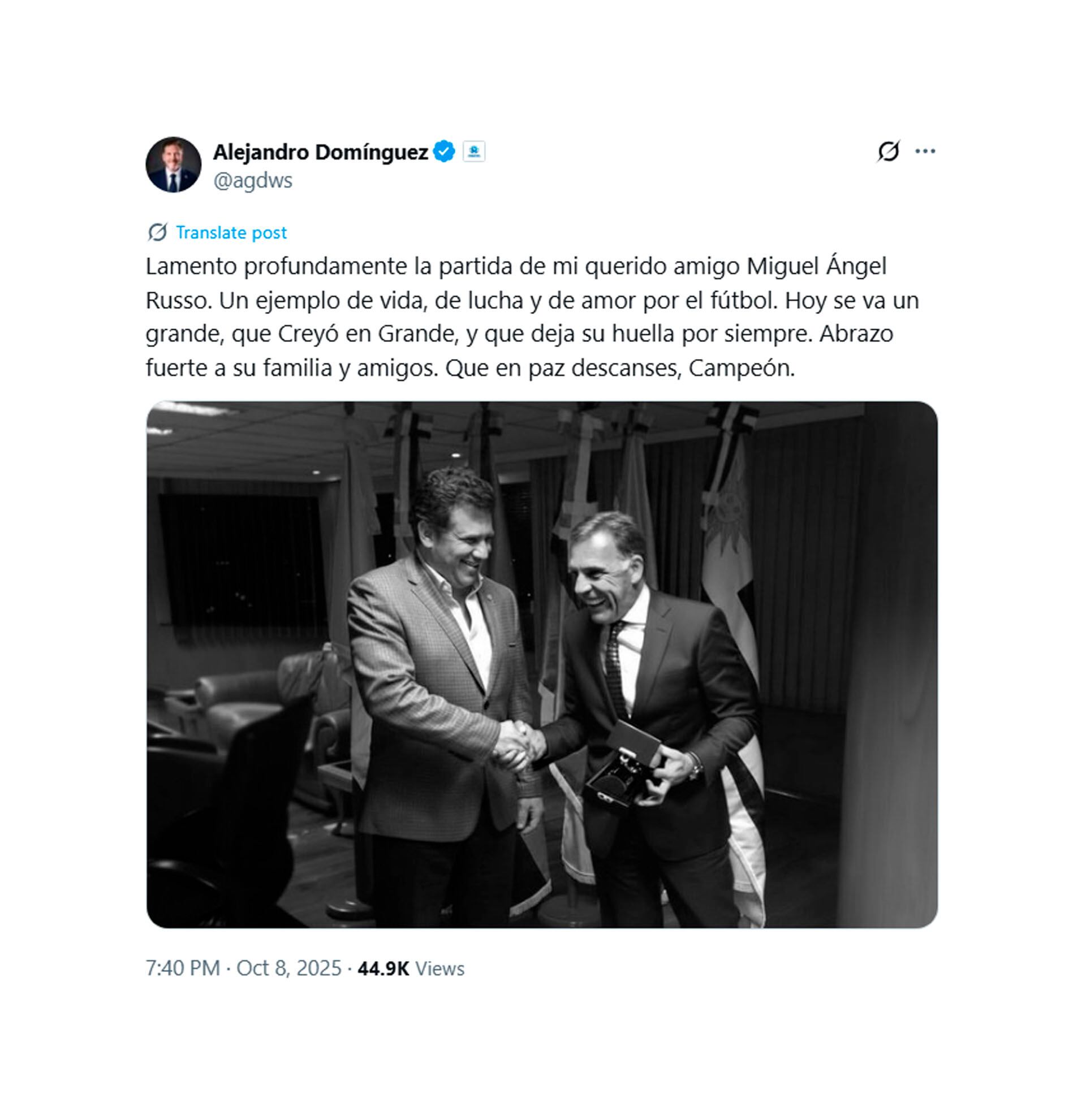 El posteo de Alejandro Domínguez