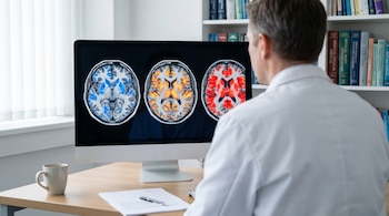 Un profesional con bata blanca de espaldas observa un monitor con tres resonancias magnéticas cerebrales, mostrando áreas resaltadas en azul, naranja y rojo. Hay papeles y una taza en el escritorio.
