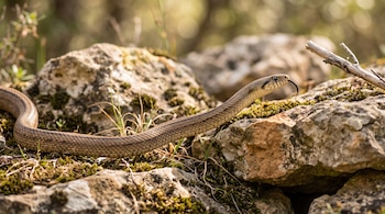 Una serpiente parda con franjas oscuras asoma la lengua sobre un montón de rocas cubiertas de musgo seco.