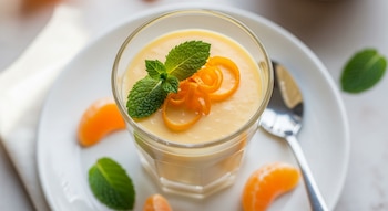 Un vaso de posset de mandarina amarillo claro, decorado con hojas de menta y ralladura de cáscara, sobre un plato blanco con gajos de mandarina y una cuchara.
