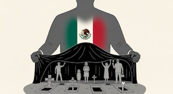 Silueta con bandera de México en el pecho sostiene un velo negro sobre varias fosas con cruces y siluetas de adultos y niños que lo tocan.