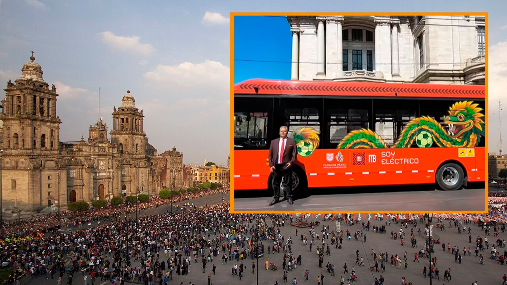 El nuevo Centrobús eléctrico, decorado con un diseño inspirado en Quetzalcóatl, está preparado para iniciar su recorrido por el concurrido Centro Histórico de la Ciudad de México, ofreciendo una nueva opción de transporte sustentable.