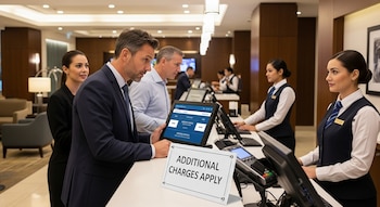 Hombre de traje mira una tablet con cargos adicionales en la recepción de un hotel. Personal uniformado y otros clientes presentes. Cartel: 'ADDITIONAL CHARGES APPLY'.