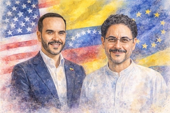 Pintura en acuarela de Abelardo de la Espriella a la izquierda e Iván Cepeda a la derecha, sonriendo frente a las banderas de EE. UU., Venezuela, Colombia y la UE.