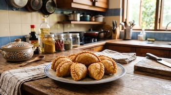 Empanadas doradas de karipap servidas en un plato sobre una mesa de madera con frascos de especias al fondo.