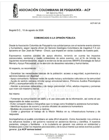 La Asociación Colombiana de Psiquiatría instó a brindar acompañamiento emocional y atención especializada a los grupos más vulnerables tras el sismo que afectó varias ciudades del país - crédito Asociación Colombiana de Psiquiatría/Instagram
