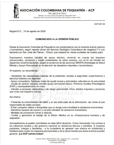 La Asociación Colombiana de Psiquiatría instó a brindar acompañamiento emocional y atención especializada a los grupos más vulnerables tras el sismo que afectó varias ciudades del país - crédito Asociación Colombiana de Psiquiatría/Instagram