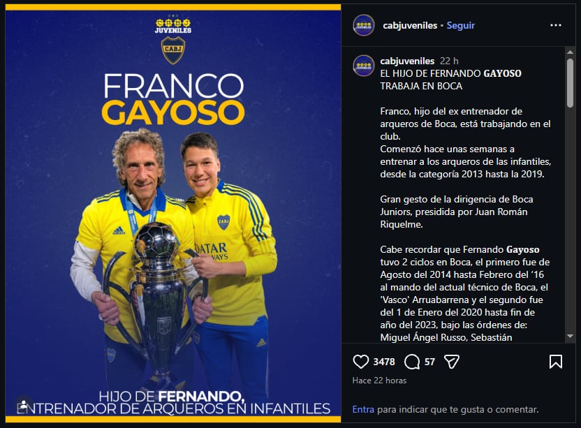 Franco Gayoso está trabajando como entrenador de arqueros en las inferiores de Boca Juniors