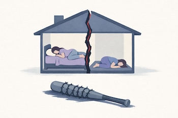 Casa dividida por una grieta vertical, dos figuras femeninas caídas: una en una cama y otra en el suelo. Un bate de béisbol con alambre de púas.