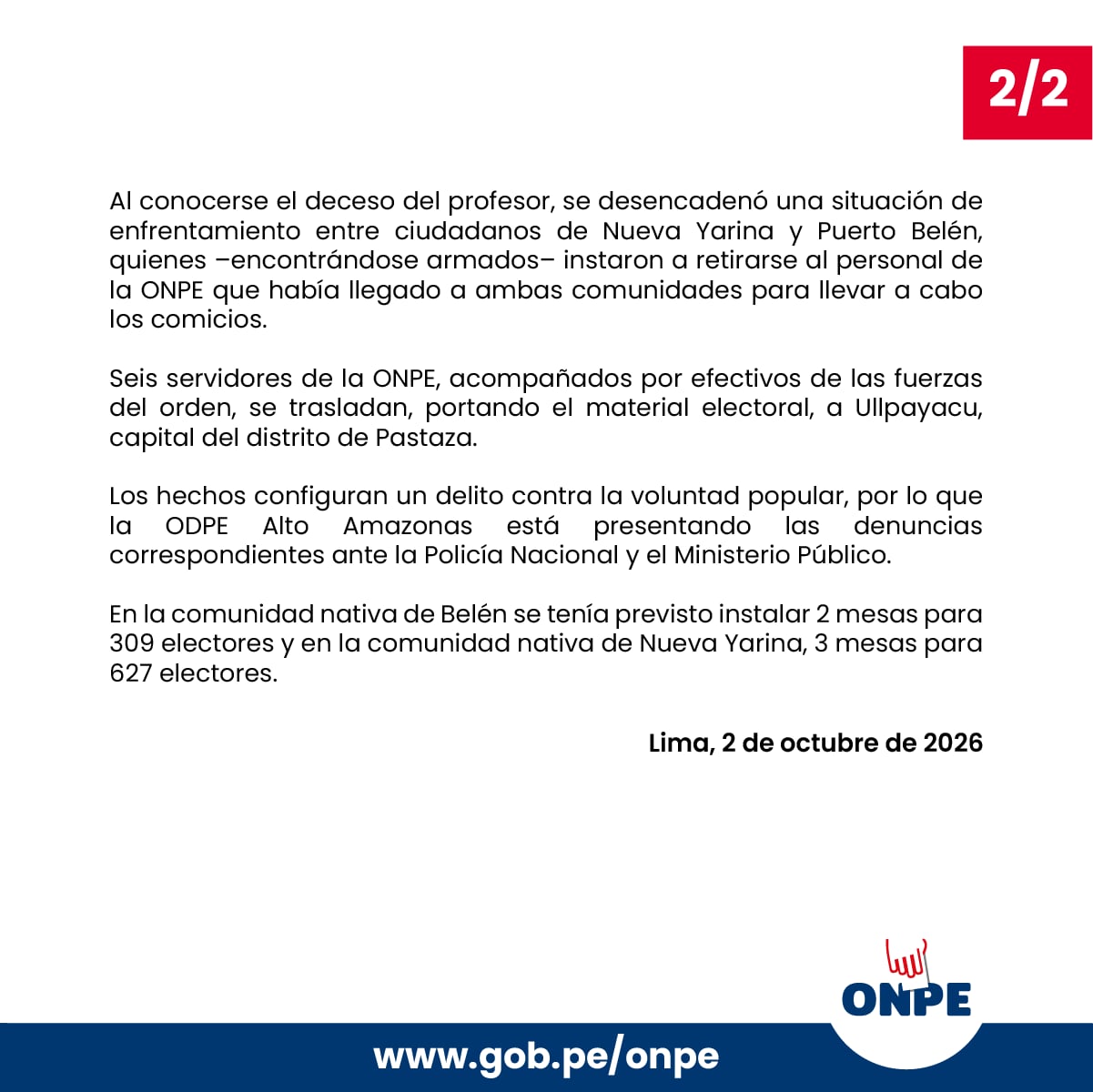 Un comunicado oficial de la ONPE informa sobre el retiro de sus trabajadores en Pastaza luego de las manifestaciones desencadenadas por la muerte de un candidato. (ONPE)