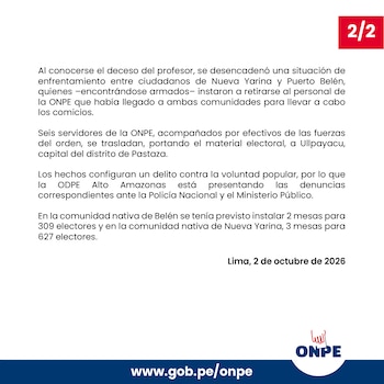 Comunicado en fondo blanco con el logotipo de la ONPE y un indicador numerado en la esquina superior derecha