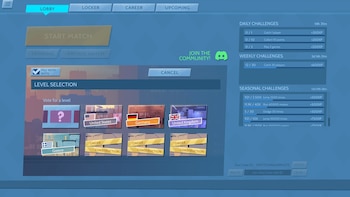 Interfaz de videojuego con menú superior, botón iniciar partida, selección de niveles con banderas de Estados Unidos, Alemania, Reino Unido, Grecia, desafíos y barra de ID de equipo
