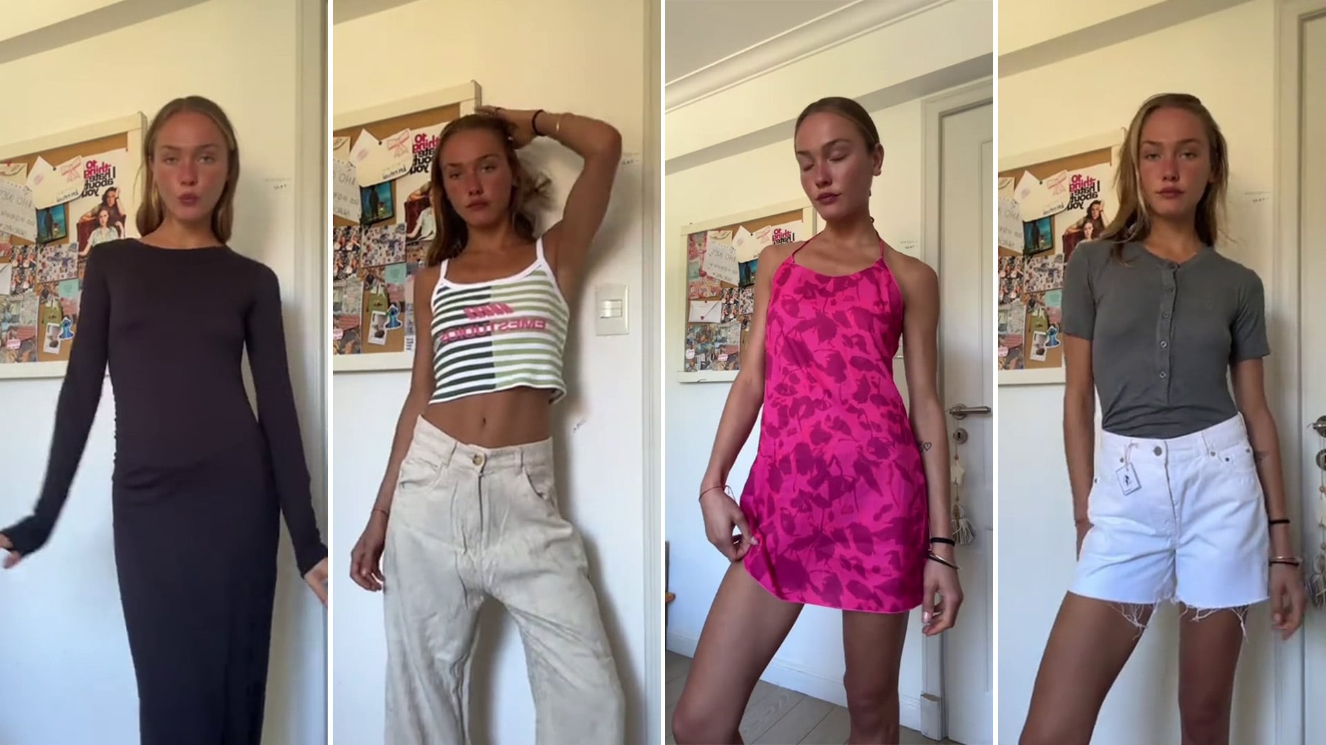 Una joven modela cuatro conjuntos diferentes, incluyendo un vestido negro, un top a rayas con pantalones anchos, un vestido fucsia estampado y un top gris con shorts blancos, mostrando la versatilidad de la moda actual.