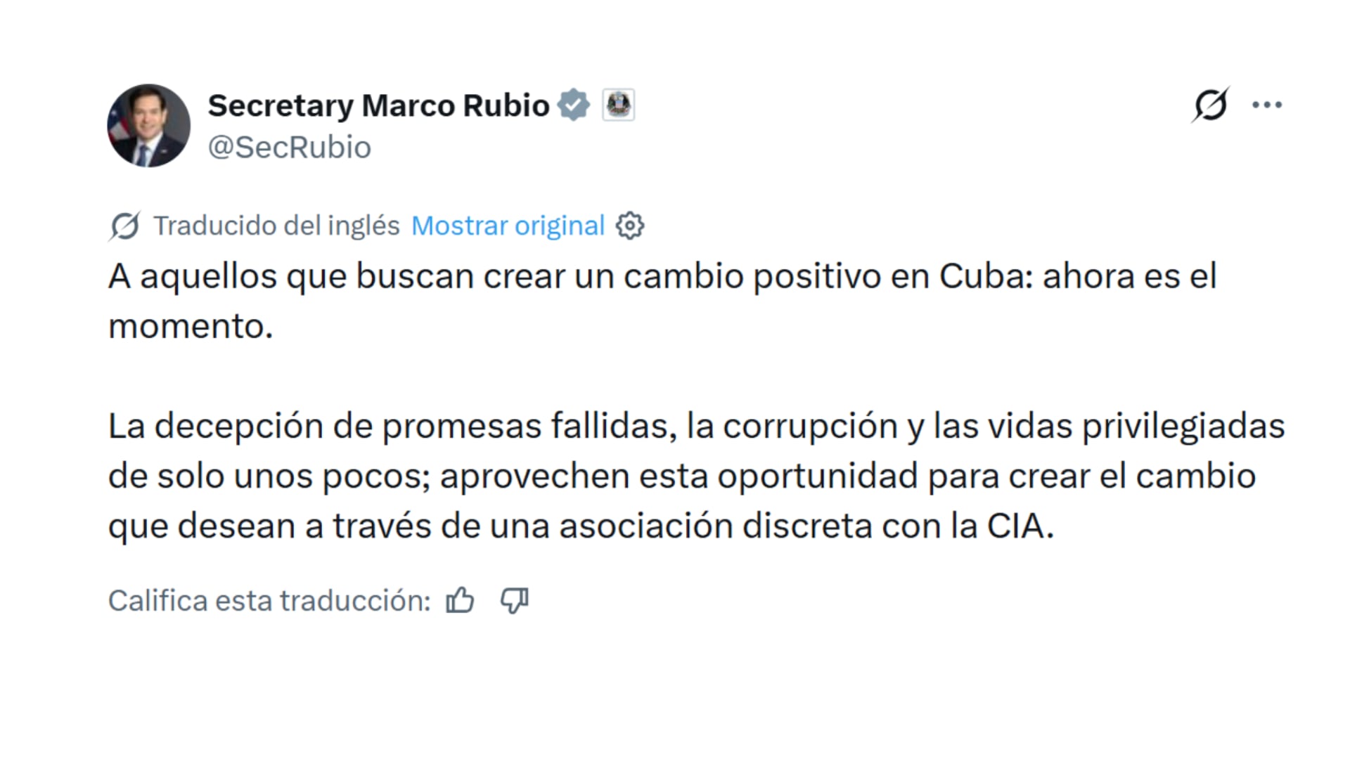 El mensaje de Marco Rubio vía la red social X (@SecRubio)