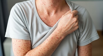 Primer plano del torso y los brazos de una persona con una erupción cutánea roja y punteada visible en el cuello, pecho y brazos expuestos.