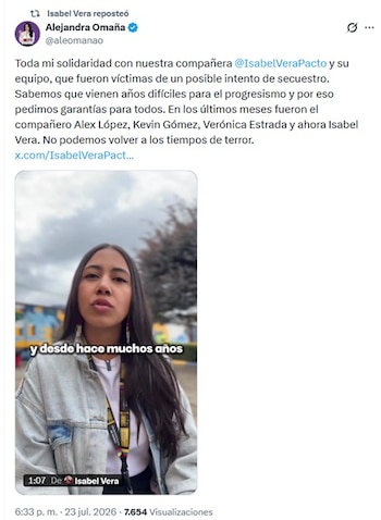 La senadora Alejandra Omaña recordó que varios militantes del Pacto Histórico fueron asesinados días antes de que Vera denunciara el intento de secuestro al coordinador de su UTL - crédito @aleomanao/X