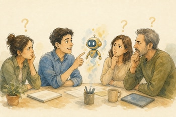 Cuatro personas sentadas frente a una mesa con un pequeño robot flotante, una planta, cuadernos y signos de interrogación en el aire.