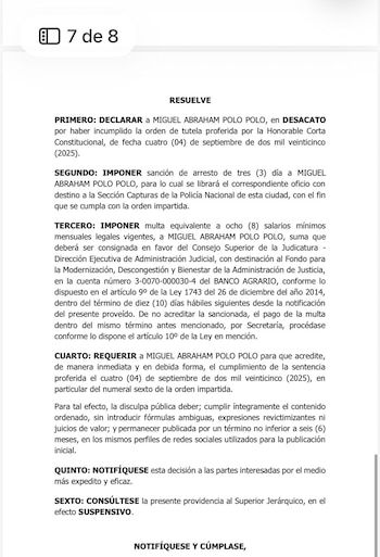 La decisión judicial impuso una sanción de tres días de arresto y una multa equivalente a ocho salarios mínimos mensuales legales vigentes - crédito Rama Judicial