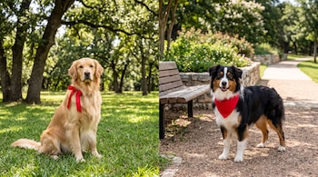 Un golden retriever con un lazo rojo sentado en la hierba y un pastor australiano con un pañuelo rojo sobre un camino de grava.