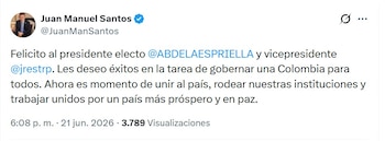 Juan Manuel Santos envió un mensaje de unidad y pidió trabajar por la estabilidad del país - crédito @JuanManSantos/X