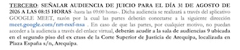 Texto impreso de una resolución judicial que cita a una audiencia de juicio para el 31 de agosto de 2026 vía Google Meet o presencial