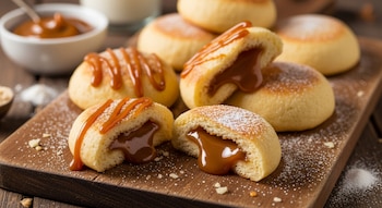 Varias gorditas redondas rellenas de cajeta, algunas partidas por la mitad con el dulce visible. Están espolvoreadas con azúcar glass en una tabla de madera.