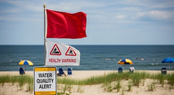 Bandera roja, bandera blanca con "HEALTH WARNING" en poste. Cartel "WATER QUALITY ALERT", playa, mar, cielo, sombrillas, vegetación.