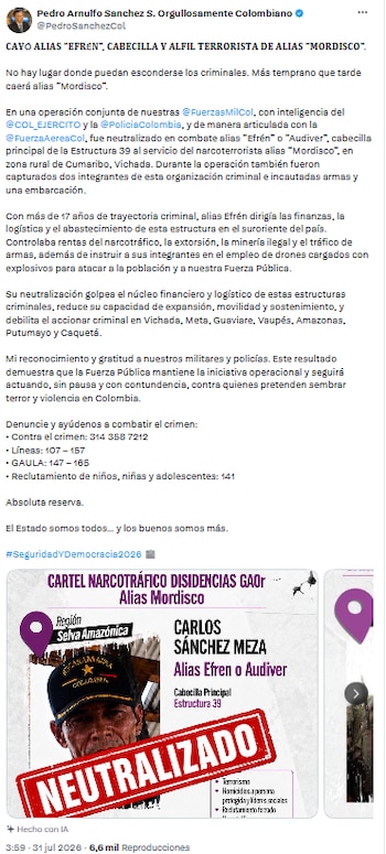 Abatido alias Efrén, principal responsable logístico de grupo armado en el oriente colombiano - crédito @PedroSanchezCol/X