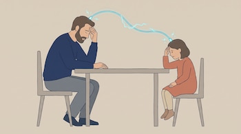 Ilustración de un hombre y una niña sentados a una mesa que apoyan la mano en la frente mientras una línea de luz azul une sus cabezas.