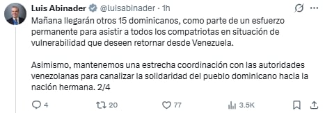 Luis Abinader anunció que otros 15 dominicanos llegarán en las próximas horas y pidió contactarse con los canales habilitados por el MIREX. (Cortesía: Luis Abinader)