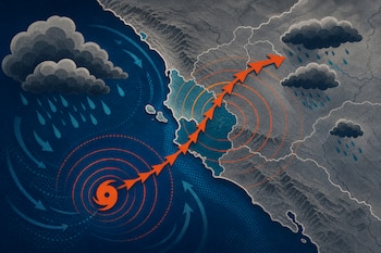 Mapa costero con un símbolo de ciclón, una línea de flechas naranjas hacia tierra firme, círculos concéntricos y nubes con gotas de lluvia.