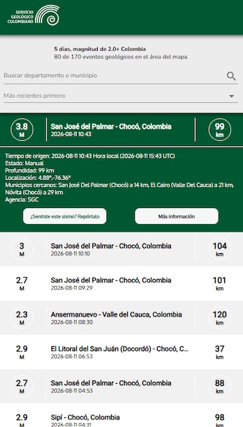 Tres sismos se reportaron en San José del Palmar la mañana del martes 11 de agosto, según el registro del Servicio Geológico Colombiano (SGC) - crédito @sgcol/X