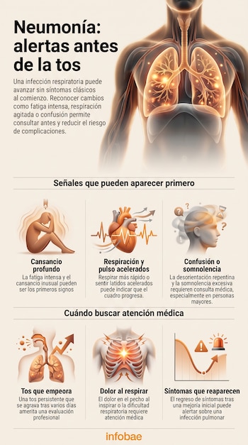 Infografía médica con un torso humano de pulmones iluminados, seis ilustraciones de síntomas y textos explicativos sobre un fondo claro.