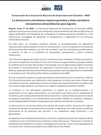 El gremio empresarial advirtió sobre la importancia de fortalecer la confianza en las instituciones electorales y solicitó acompañamiento internacional. - crédito ANDI