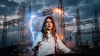 Una mujer con cabello largo, de camisa blanca, habla frente a un micrófono. Detrás se observan torres de alta tensión, cables y chispas.