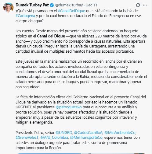 Este fue uno de los mensajes que emitió el alcalde de Cartagena sobre las obras en el canal del Dique - crédito dumek_turbay/X