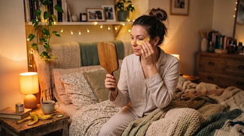 Una mujer en pijama que está sentada en una cama sostiene la parte posterior de madera de un espejo frente a su cara.