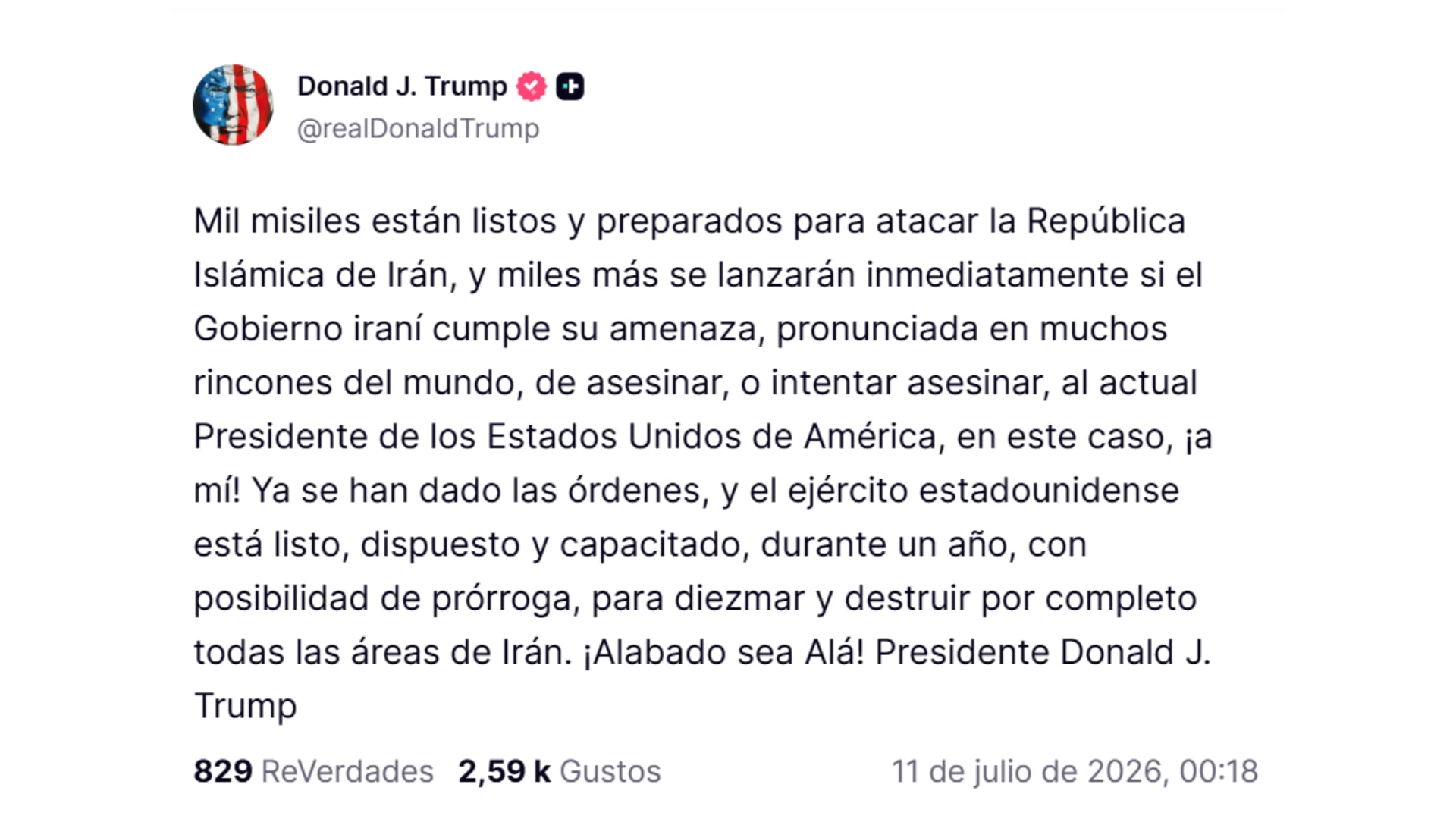 Donald Trump afirmó que Estados Unidos “aniquilará por completo” a Irán si es asesinado por el régimen (@realDonaldTrump)