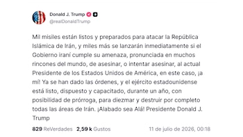 Donald Trump afirmó que Estados Unidos “aniquilará por completo” a Irán si es asesinado por el régimen (@realDonaldTrump)