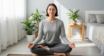 Mujer con cabello corto, sentada en posición de loto sobre un cojín, meditando. Ojos cerrados, manos en mudra. Ambiente interior luminoso con plantas.