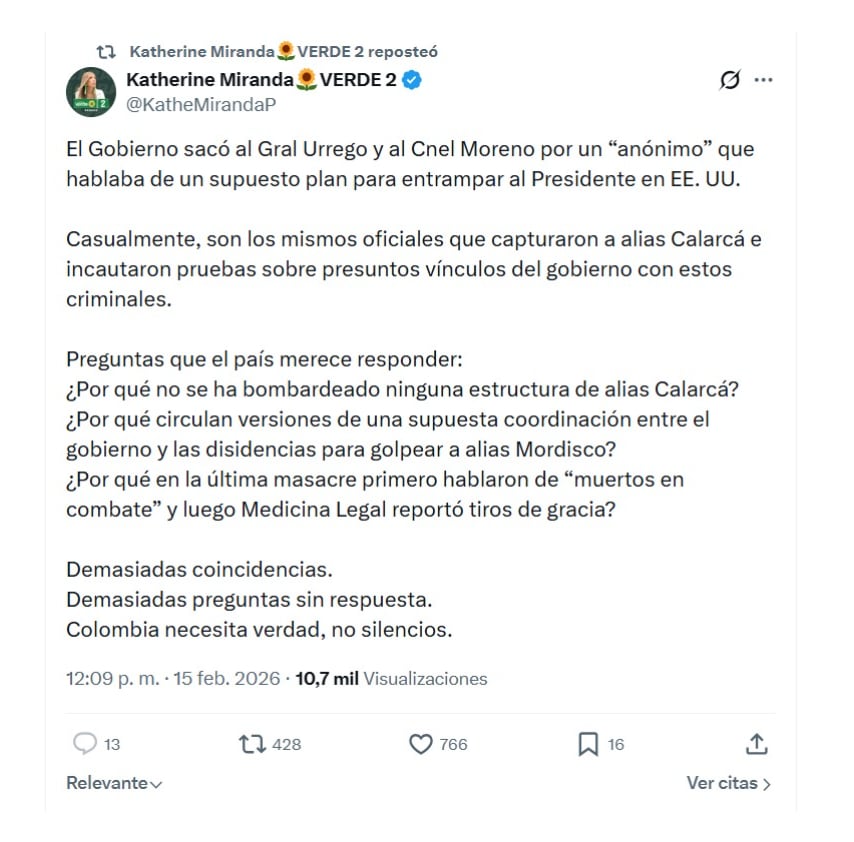 Con un mensaje en X, la representante Katherine Miranda enfatizó sus señalamientos al presidente Gustavo Petro, en relación a los altos oficiales apartados - crédito @KatheMirandaP/X