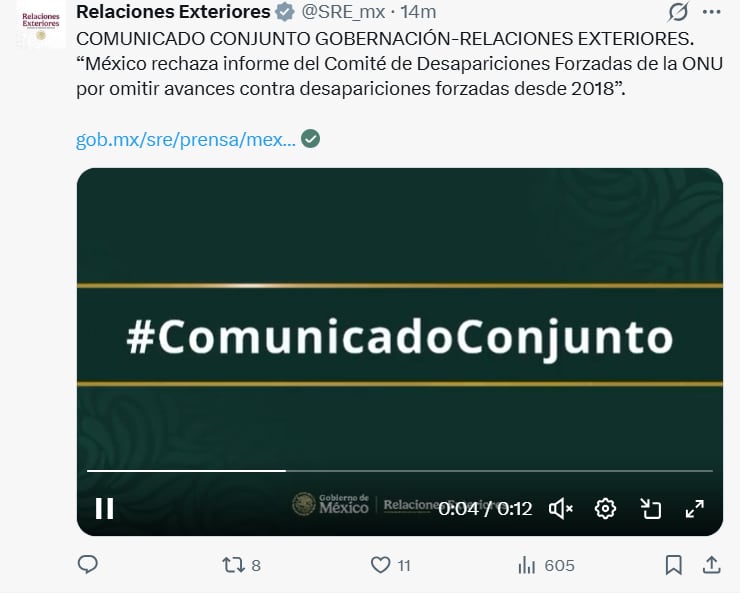 El Comité de la ONU contra la Desaparición Forzada lleva por primera vez el caso de México ante la Asamblea General. | X(@SRE_mx)