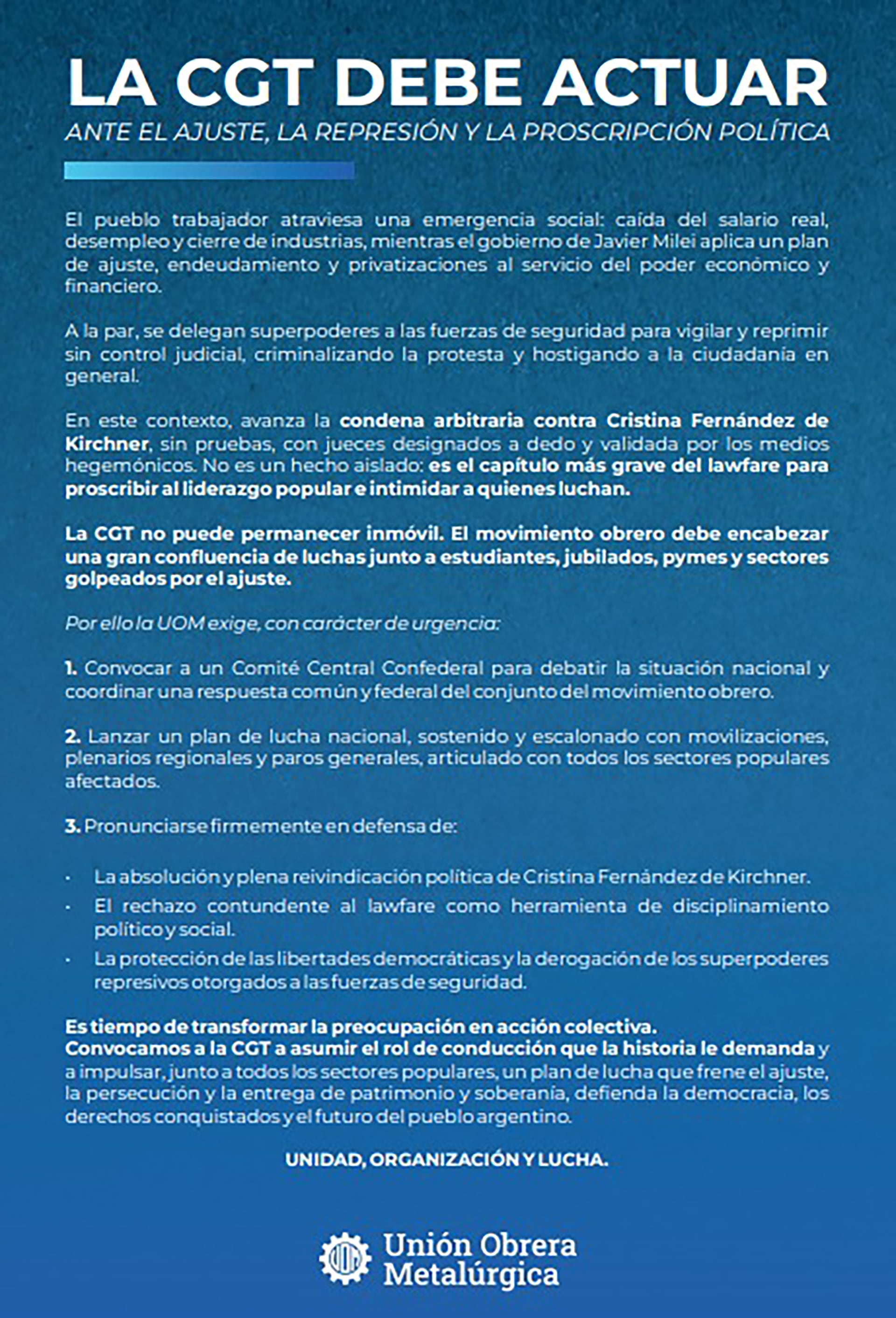 El pronunciamiento de la UOM contra la CGT