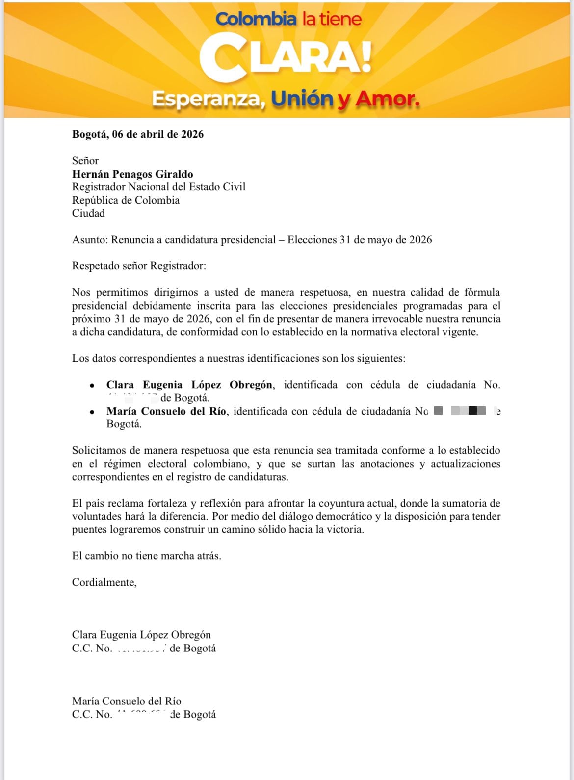 Carta radicada ante la Registraduría con la que se oficializó la renuncia a la candidatura presidencial. - crédito @ClaraLopezObre/X