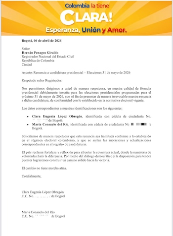 Carta radicada ante la Registraduría con la que se oficializó la renuncia a la candidatura presidencial. - crédito @ClaraLopezObre/X
