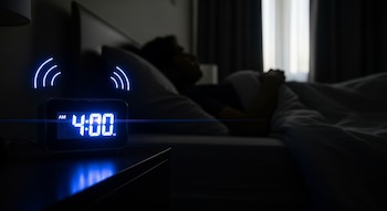 Un despertador digital azul muestra 4:00 AM sobre una mesa de noche oscura, con ondas de sonido y una persona acostada bajo sábanas blancas en el fondo borroso.