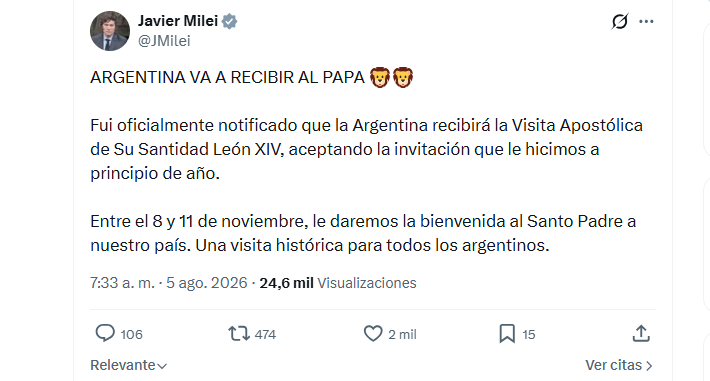 El tuit de Javier Milei sobre el Papa