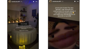 Dos historias de Instagram; la primera muestra una tina de parto inflable, velas y plantas; la segunda, un rostro con texto sobre el alumbramiento